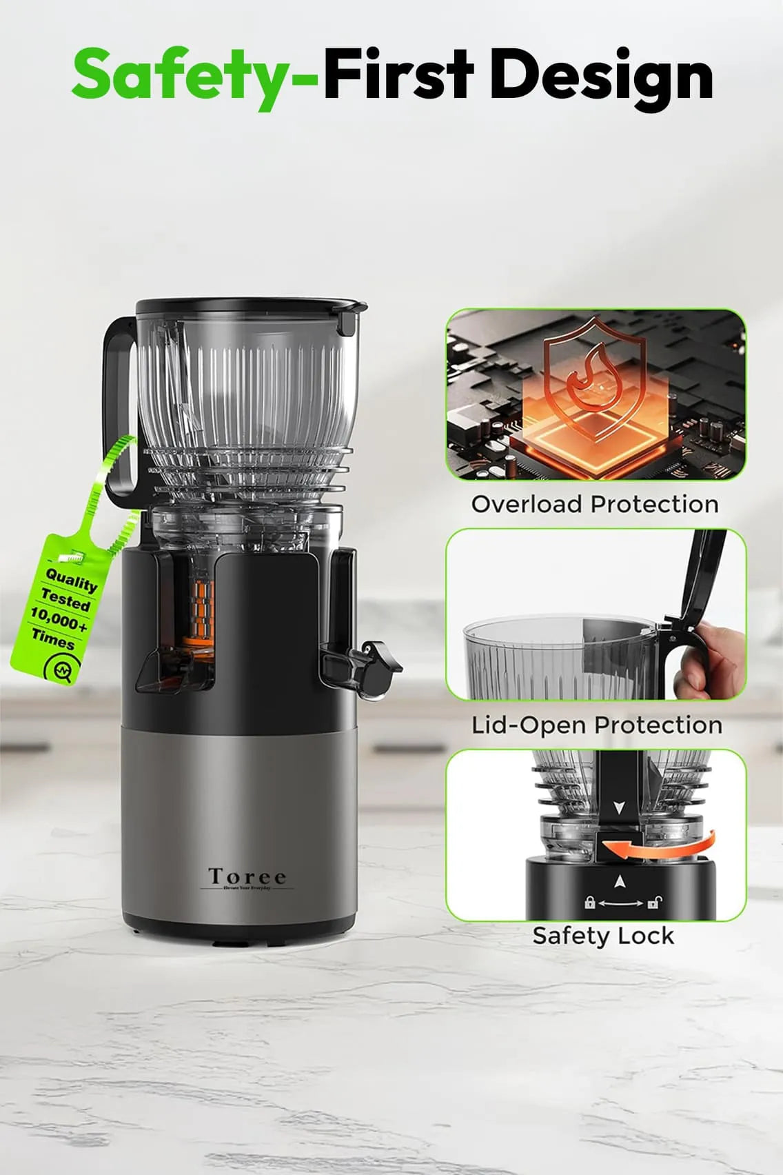 Toree Juicer Machine, 148 mm Large Feed Chute Slow Masticating Cold Press Juicer for Whole Fruits & Vegetables, Easy to Clean, High Juice Yield