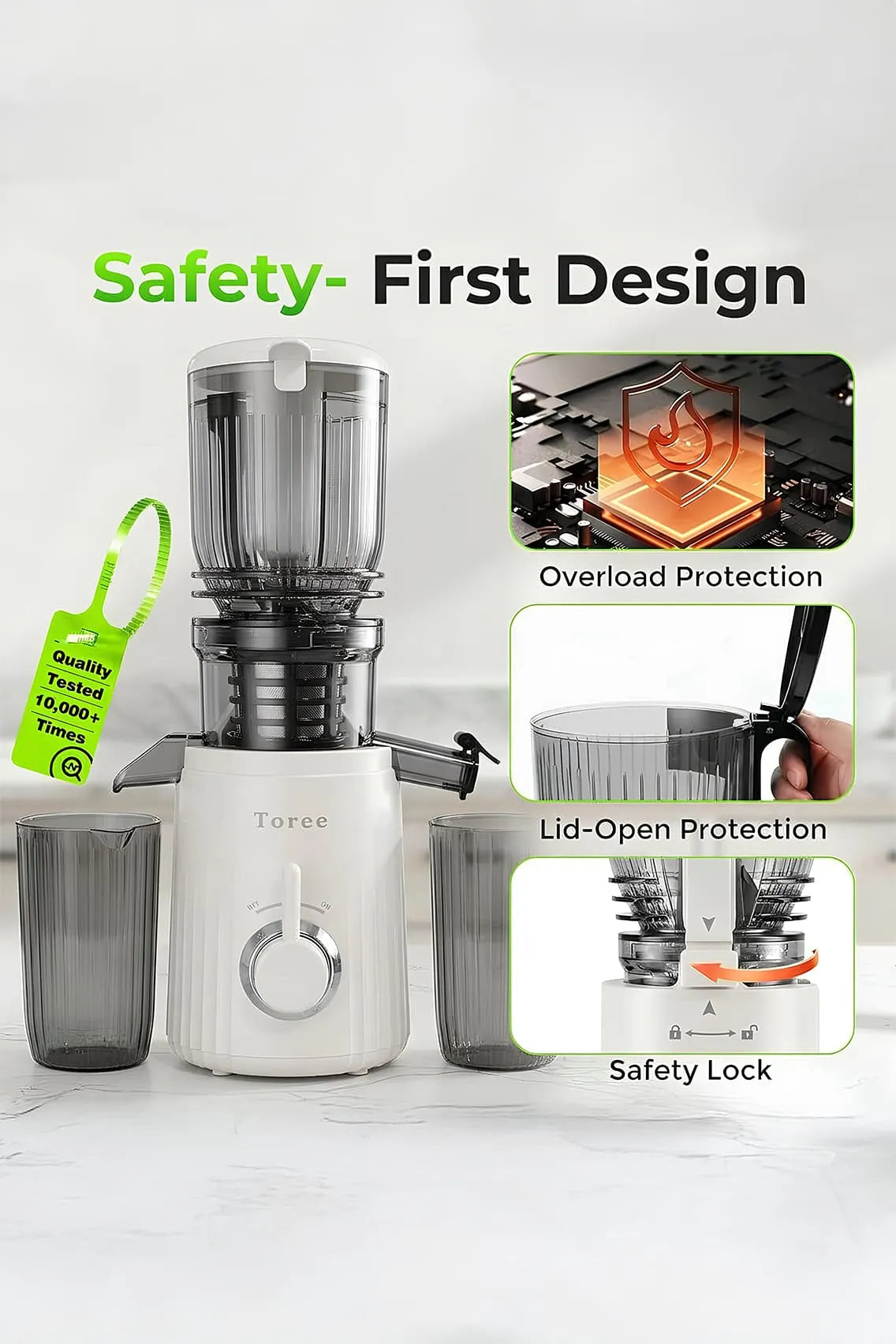 Toree 200W Slow Juicer Machine, Cold Press Juicer with 10.5cm Wide Mouth, High Torque Motor, Easy Clean, Anti-Clog Reverse Function - White