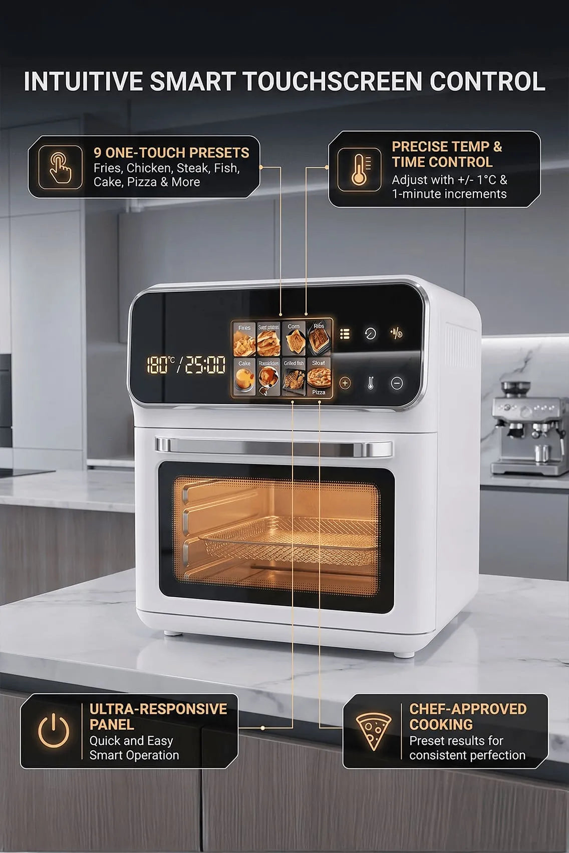 Toree Smart Air Fryer Oven – 1350W Oil-Free Digital Air Fryer with Touchscreen &amp; Multi-Function Cooking