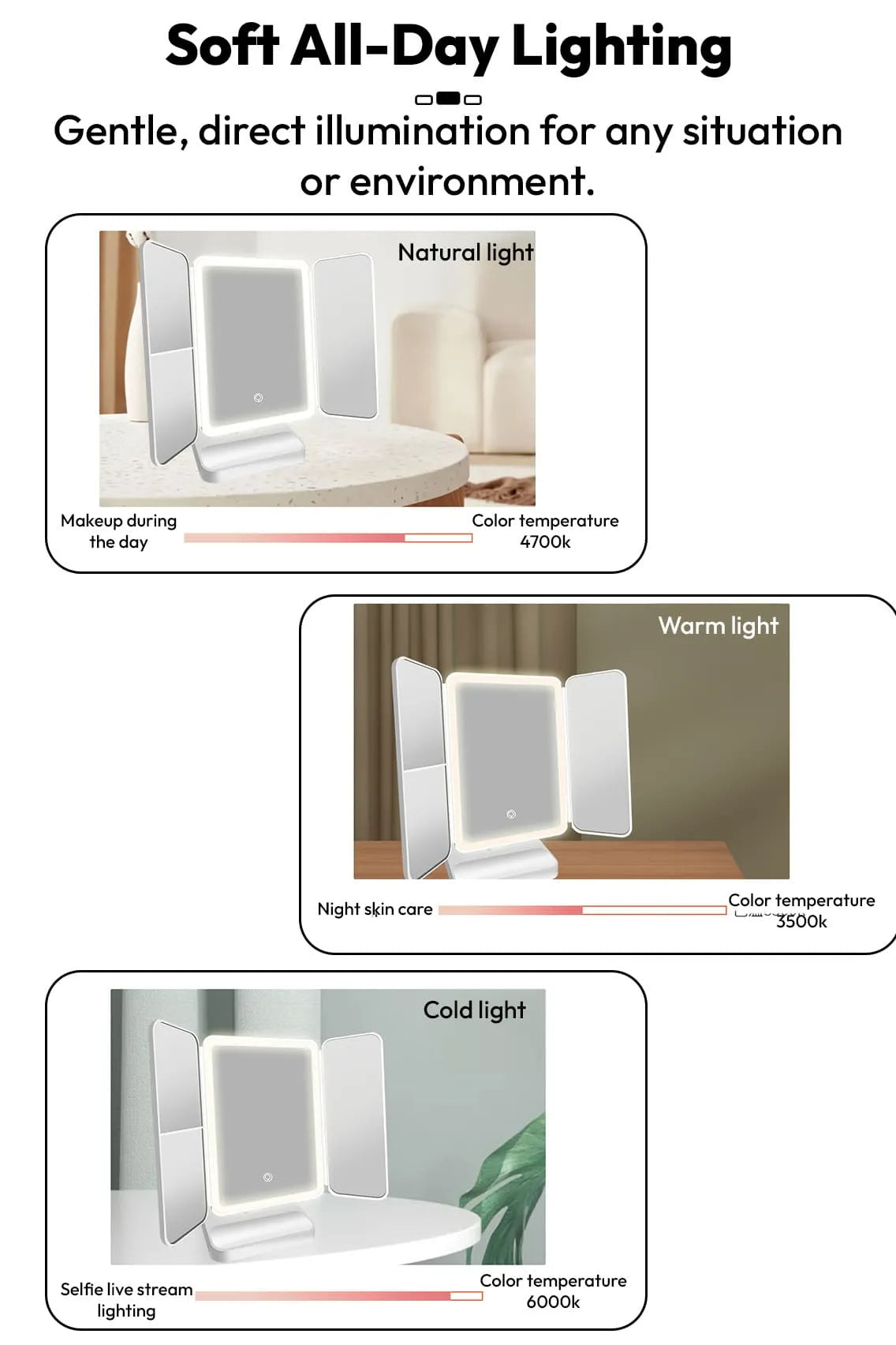 Toree Folding LED Makeup Mirror with 3 Light Modes & Touch Control | 52 LED Beads, 2000mAh Battery, 270° Rotation, 3-Panel Magnification