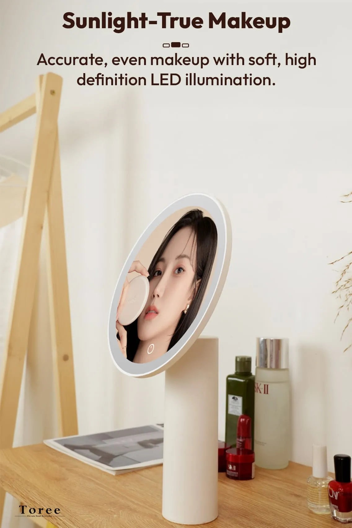 Toree Premium LED Smart Makeup Mirror | 360° Ring Light, Touch Dimming, Adjustable 0–90° Angle, 2400mAh Rechargeable, True Color HD Reflection