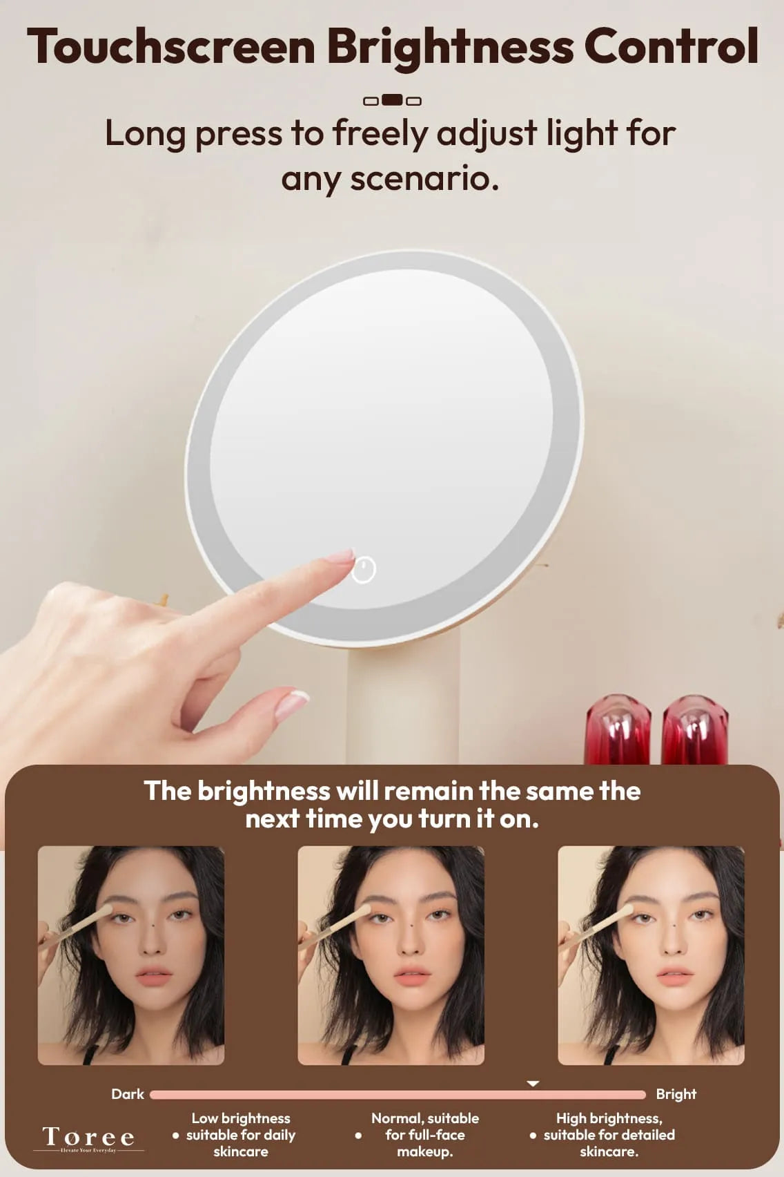 Toree Premium LED Smart Makeup Mirror | 360° Ring Light, Touch Dimming, Adjustable 0–90° Angle, 2400mAh Rechargeable, True Color HD Reflection