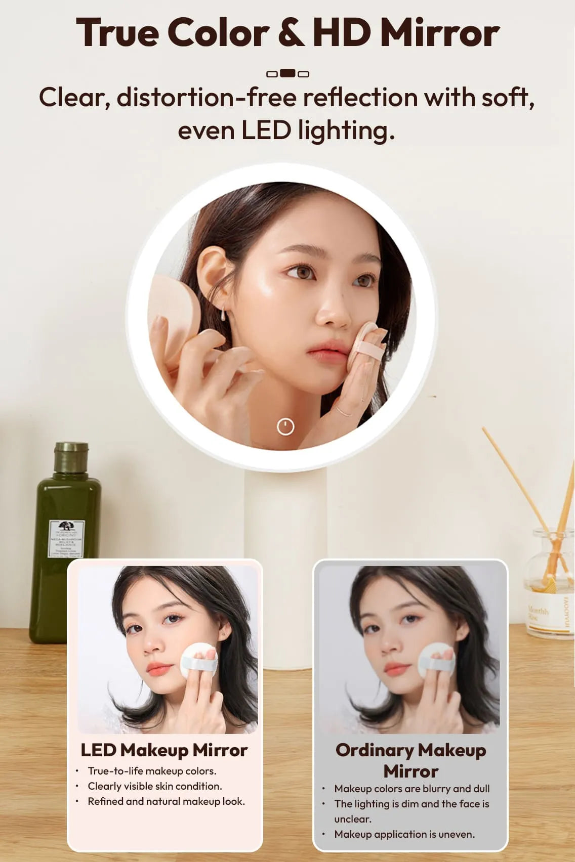 Toree Premium LED Smart Makeup Mirror | 360° Ring Light, Touch Dimming, Adjustable 0–90° Angle, 2400mAh Rechargeable, True Color HD Reflection