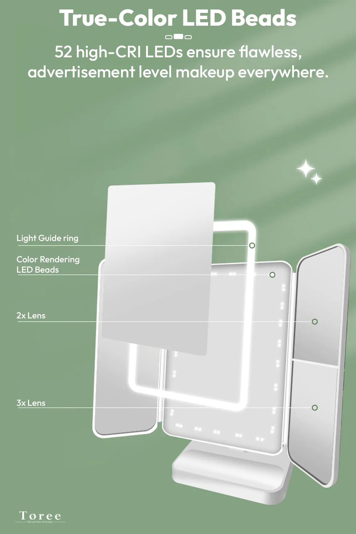 Toree Folding LED Makeup Mirror with 3 Light Modes & Touch Control | 52 LED Beads, 2000mAh Battery, 270° Rotation, 3-Panel Magnification