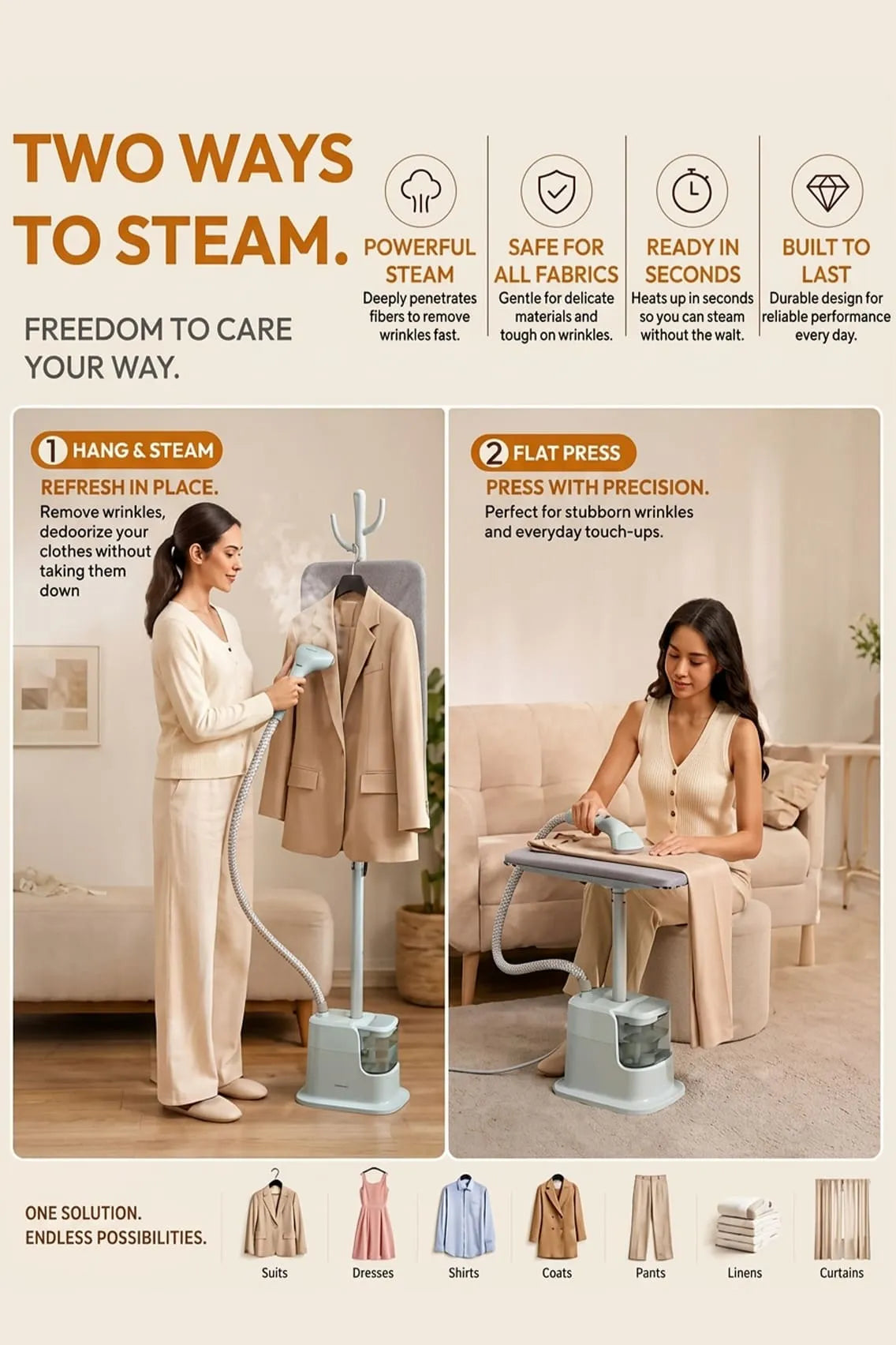 Toree Professional Garment Steamer for Clothes 2000W, 40g/min Steam Output, Standing Steam Iron with Board, 1.8L Tank & Adjustable Height - Green