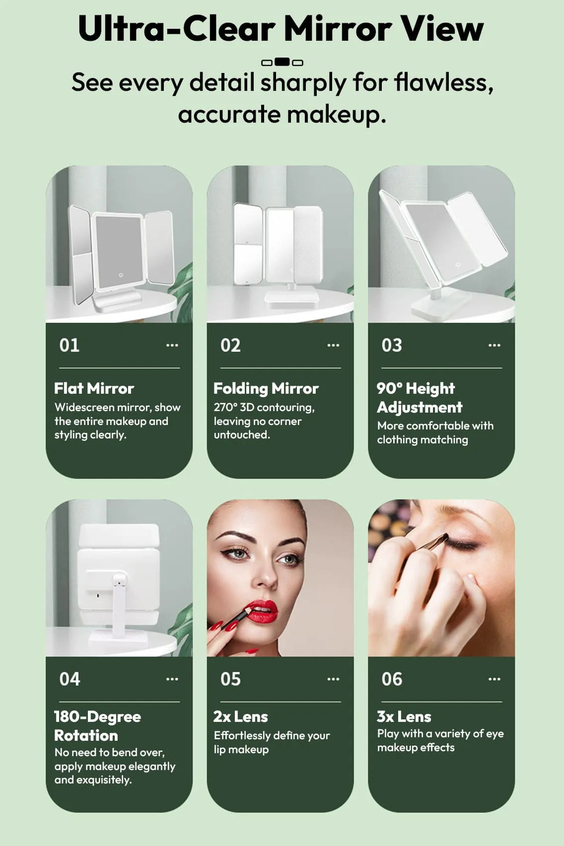 Toree Folding LED Makeup Mirror with 3 Light Modes & Touch Control | 52 LED Beads, 2000mAh Battery, 270° Rotation, 3-Panel Magnification