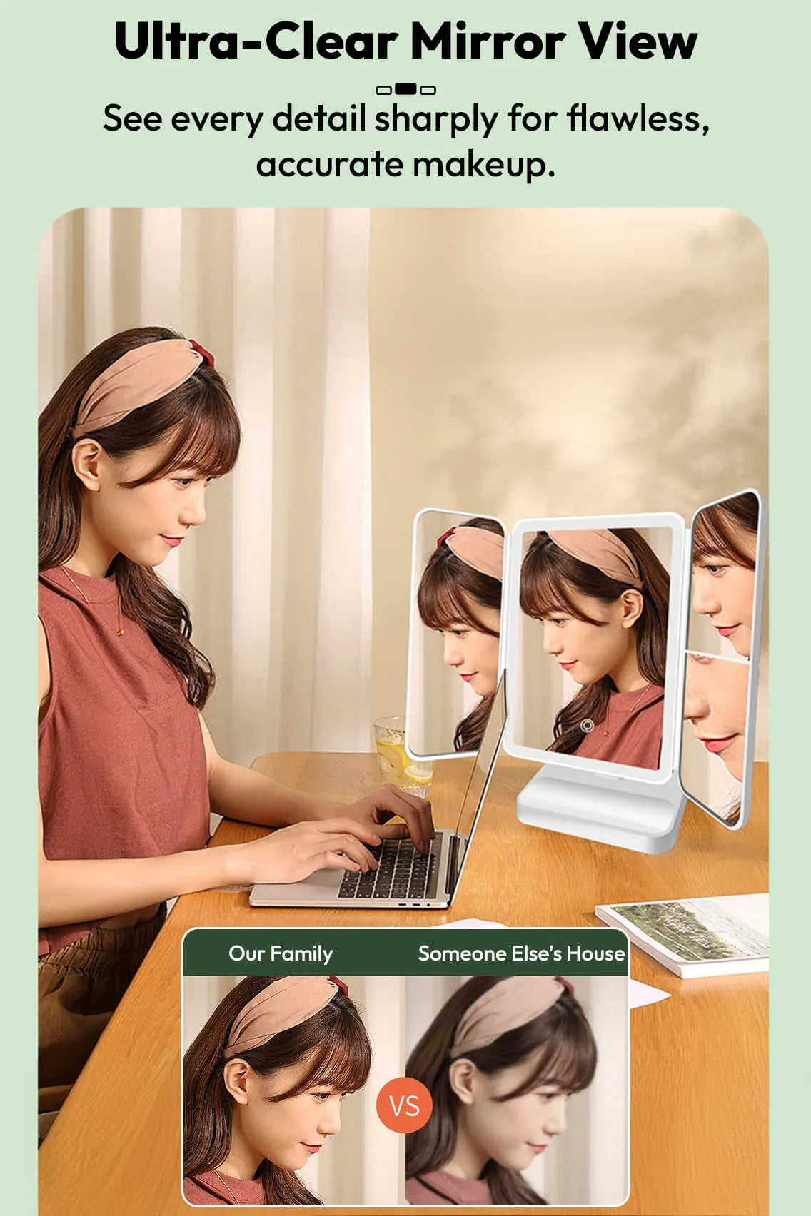 Toree Folding LED Makeup Mirror with 3 Light Modes & Touch Control | 52 LED Beads, 2000mAh Battery, 270° Rotation, 3-Panel Magnification