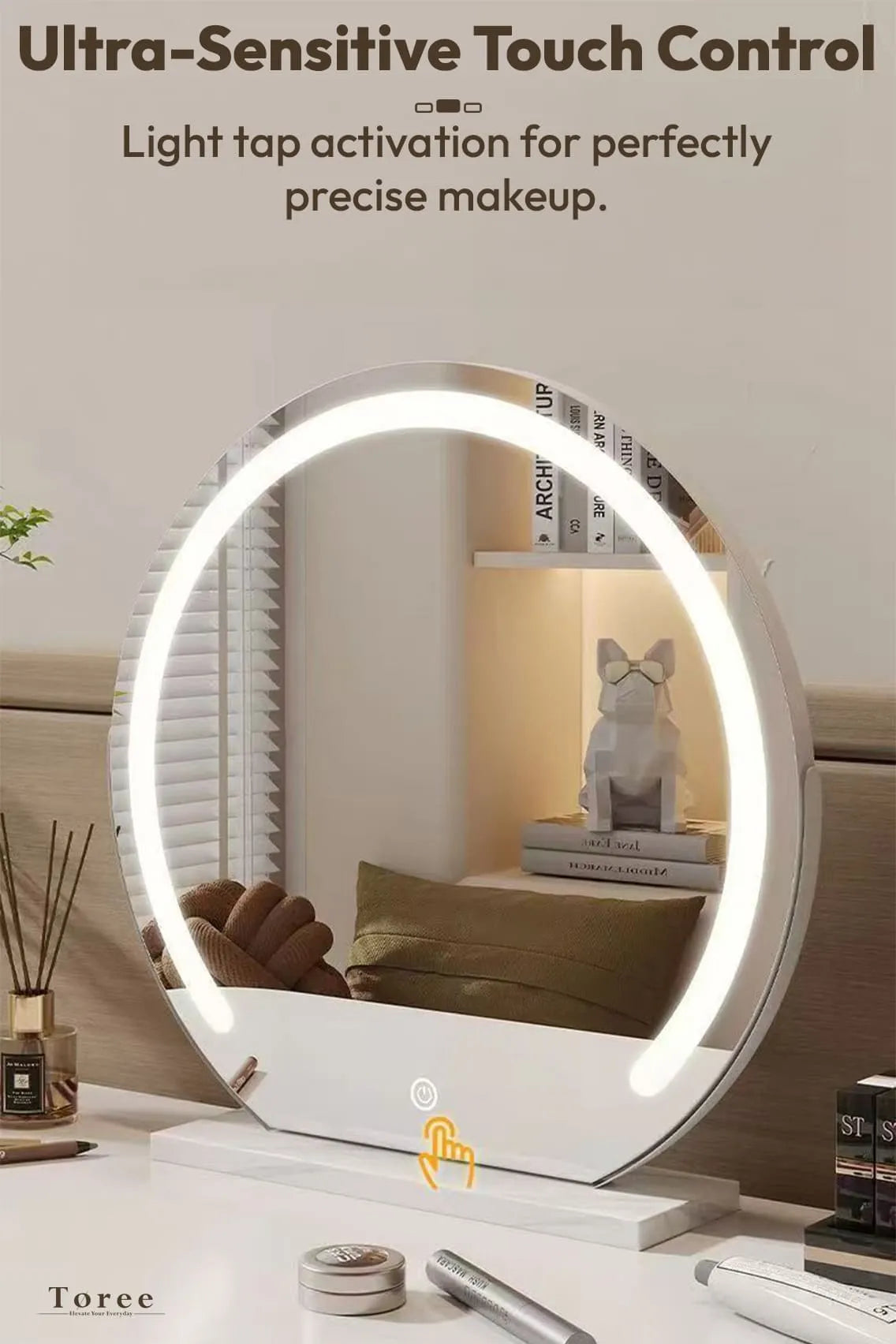 Toree HD LED Round Makeup Mirror with Touch Control, 3 Light Modes, Adjustable Brightness, Explosion-Proof Glass, 45cm Vanity Mirror