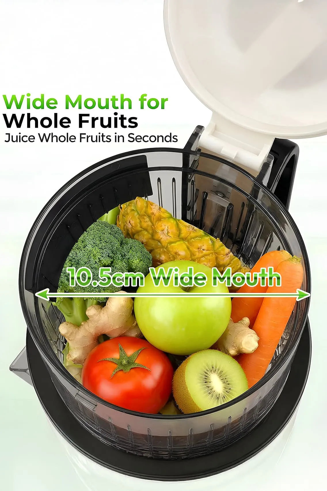 Toree 200W Slow Juicer Machine, Cold Press Juicer with 10.5cm Wide Mouth, High Torque Motor, Easy Clean, Anti-Clog Reverse Function - White